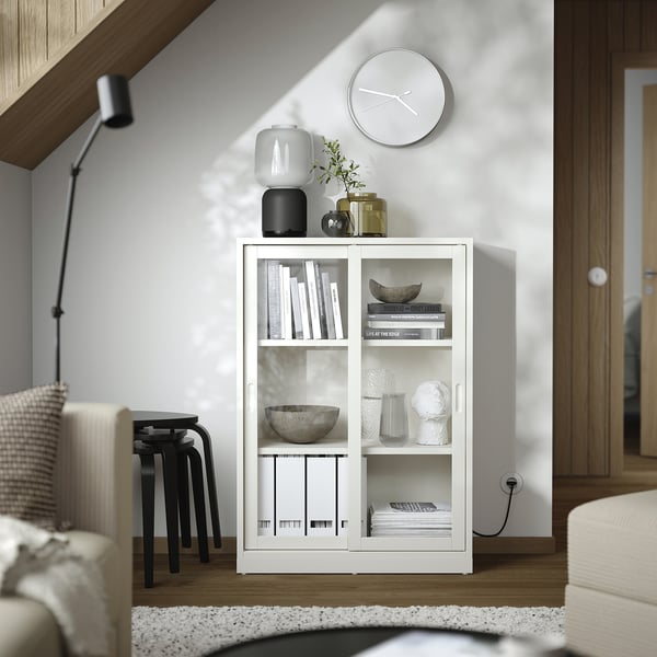 TONSTAD cabinet with sliding glass doors, off-white, 81x37x116 cm