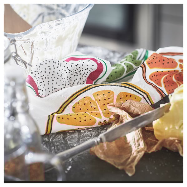 TORVFLY tea towel, patterned/orange