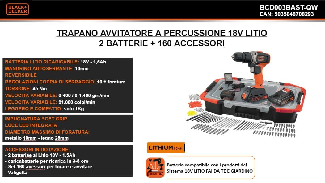 Bricocenter BLACK&DECKER 18V IMPACT DRILL DRIVER + 2 X 1.5AH BATTERIES + 160 ACCESSORIES