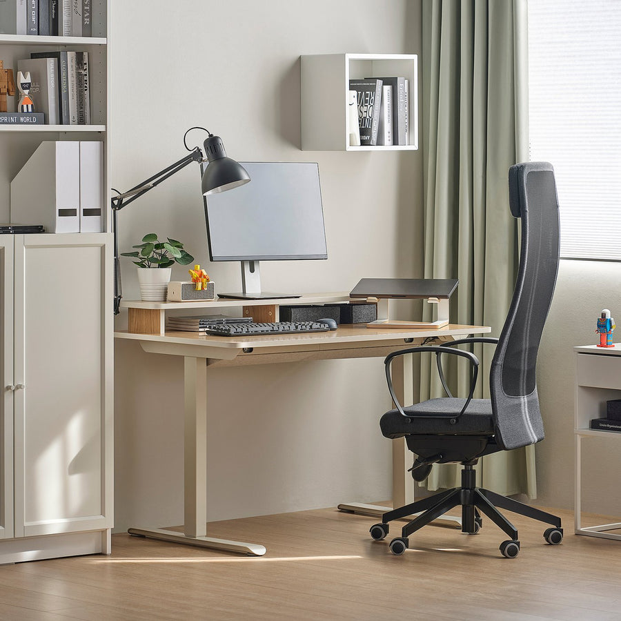 TRAVSPORT / MARKUS desk and chair, electric oak effect/beige dark grey, 120 cm