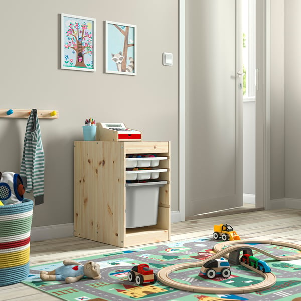 TROFAST storage combination with box/trays, light white stained pine white/grey, 32x44x52 cm
