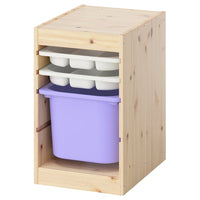 TROFAST storage combination with box/trays, light white stained pine white/lilac, 32x44x52 cm