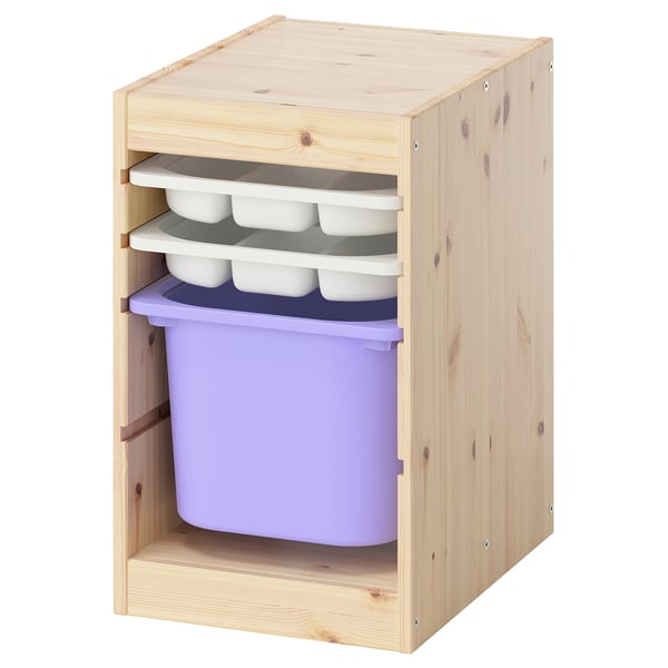 TROFAST storage combination with box/trays, light white stained pine white/lilac, 32x44x52 cm