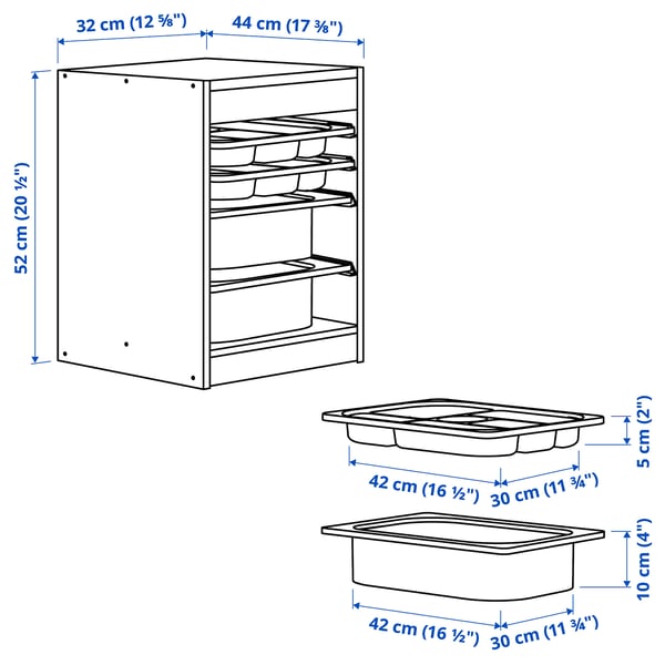 TROFAST storage combination with box/trays, light white stained pine/white, 32x44x52 cm