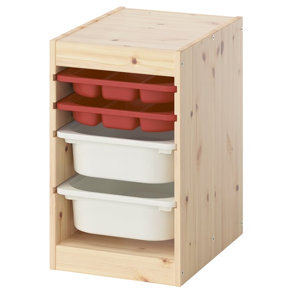 TROFAST storage combination with box/trays, light white stained pine red/white, 32x44x52 cm