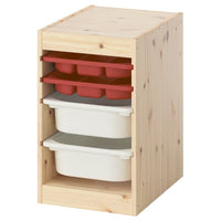 TROFAST storage combination with box/trays, light white stained pine red/white, 32x44x52 cm