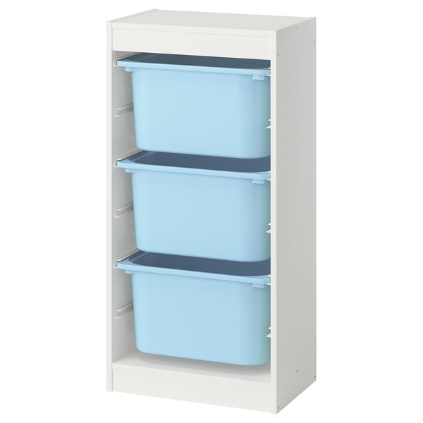 TROFAST storage combination with boxes, white/light blue, 46x30x94 cm