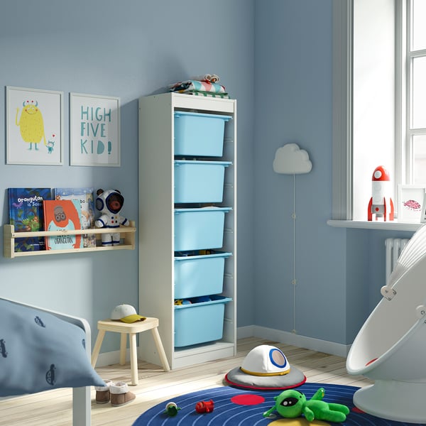 TROFAST storage combination with boxes, white/light blue, 46x30x145 cm