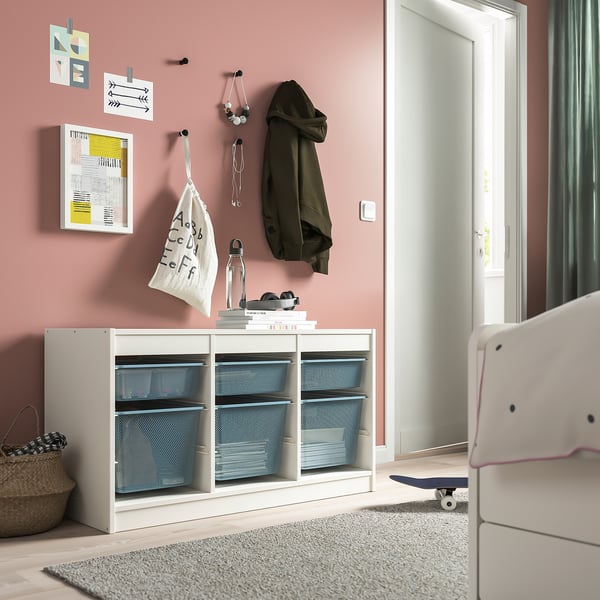 TROFAST storage combination with boxes, white/grey-blue, 99x44x56 cm