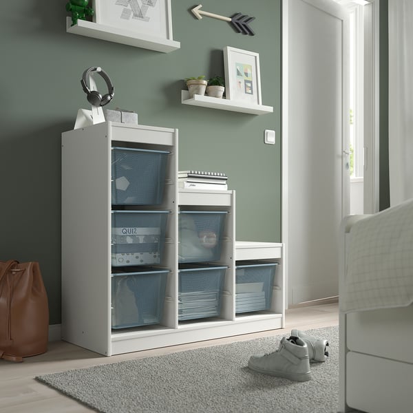 TROFAST storage combination with boxes, white/grey-blue, 99x44x94 cm
