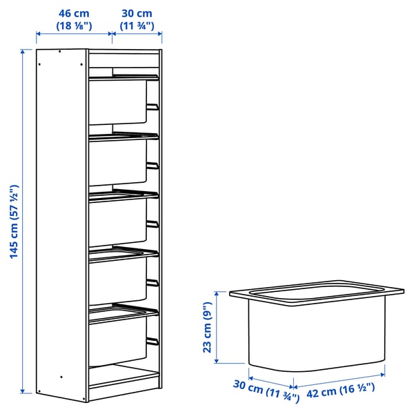 TROFAST storage combination with boxes, white/grey, 46x30x145 cm