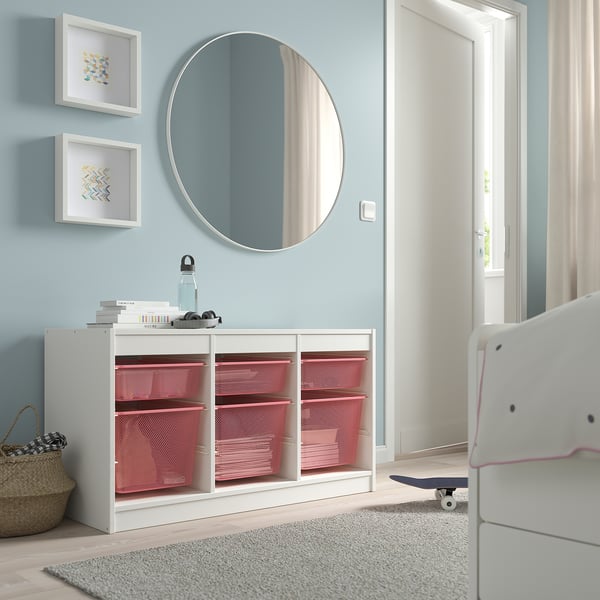 TROFAST storage combination with boxes, white/light red, 99x44x56 cm