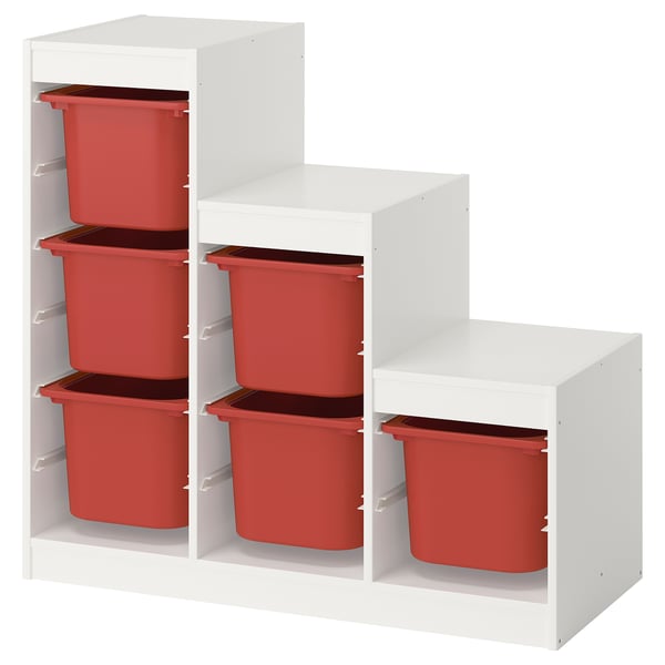 TROFAST storage combination with boxes, white/red, 99x44x94 cm