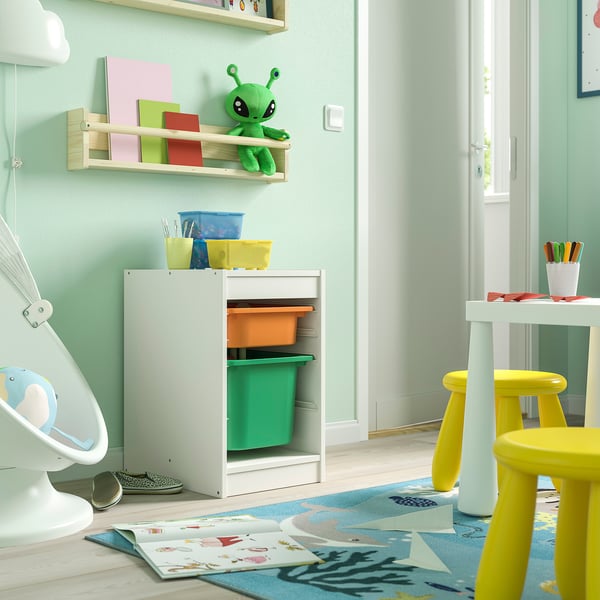 TROFAST storage combination with boxes, white/light orange bright green, 34x44x56 cm