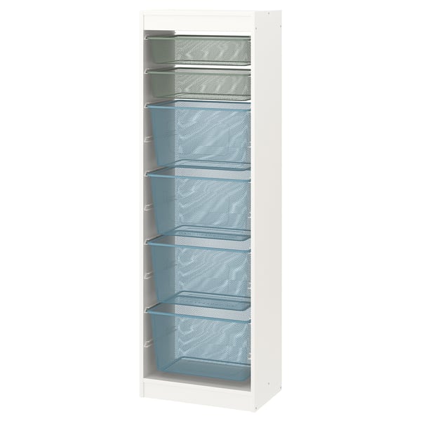 TROFAST storage combination with boxes, white light green-grey/grey-blue, 46x30x145 cm