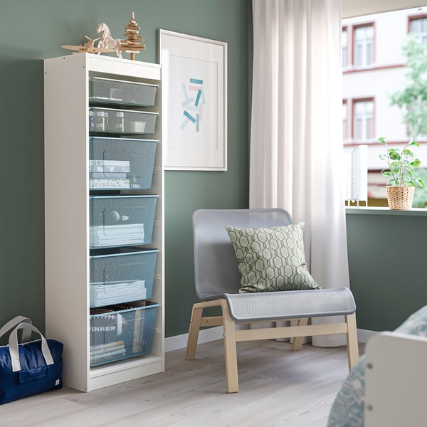 TROFAST storage combination with boxes, white light green-grey/grey-blue, 46x30x145 cm