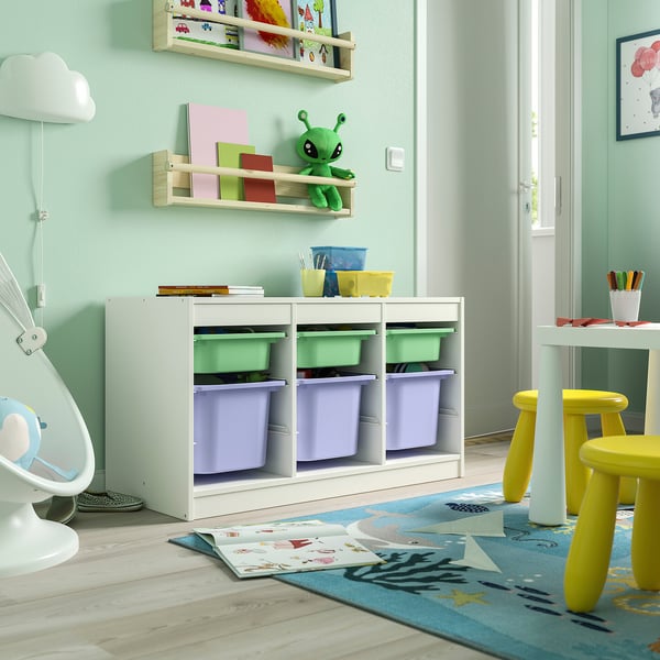TROFAST storage combination with boxes, white light green/lilac, 99x44x56 cm