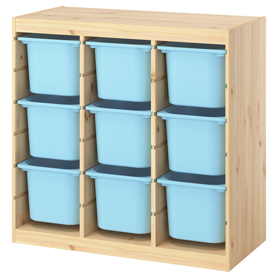TROFAST storage combination with boxes, room divider/light white stained pine light blue, 93x44x91 cm