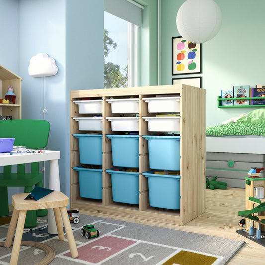 TROFAST storage combination with boxes, room divider light white stained pine/white light blue, 93x44x91 cm