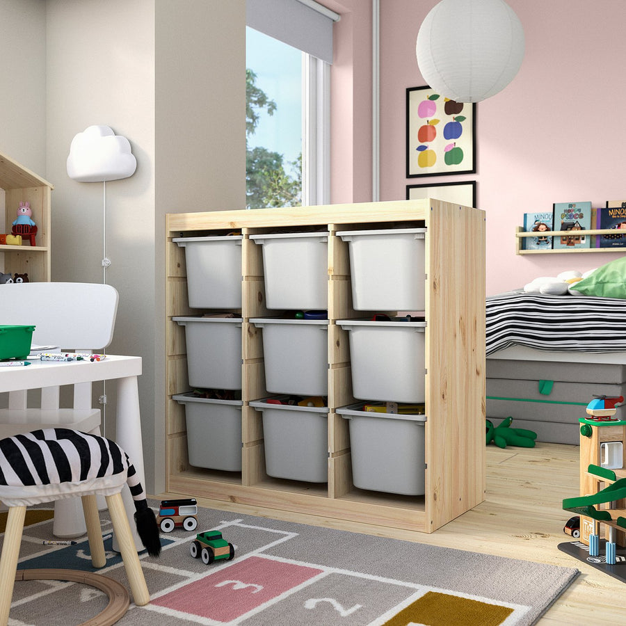 TROFAST storage combination with boxes, room divider/light white stained pine grey, 93x91x44 cm
