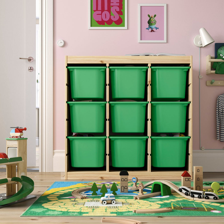 TROFAST storage combination with boxes, room divider/light white stained pine bright green, 93x44x91 cm