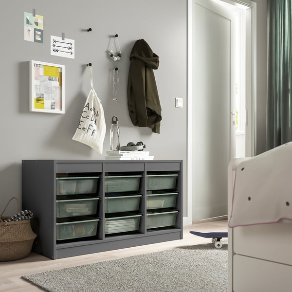 TROFAST storage combination with boxes, grey/light green-grey, 99x44x56 cm