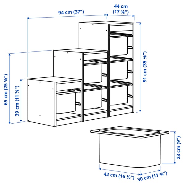 TROFAST storage combination with boxes, light white stained pine/light blue, 94x44x91 cm