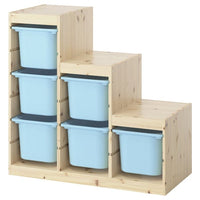 TROFAST storage combination with boxes, light white stained pine/light blue, 94x44x91 cm