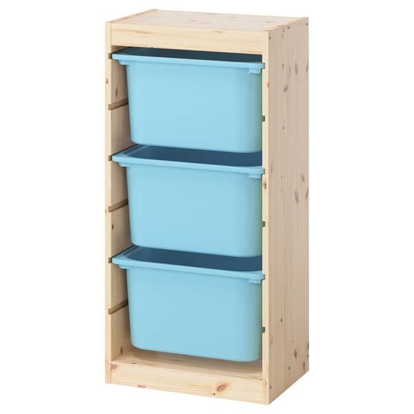 TROFAST storage combination with boxes, light white stained pine/light blue, 44x30x91 cm