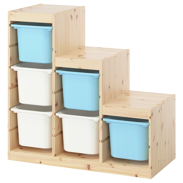 TROFAST storage combination with boxes, light white stained pine white/light blue, 94x44x91 cm