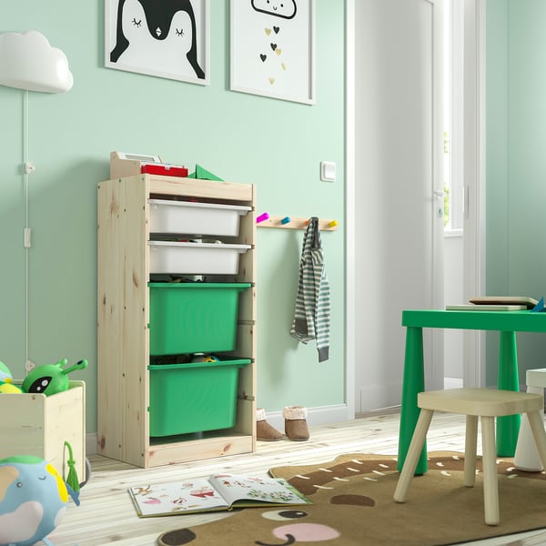 TROFAST storage combination with boxes, light white stained pine white/bright green, 44x30x91 cm