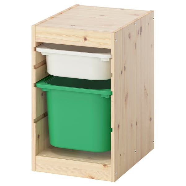TROFAST storage combination with boxes, light white stained pine white/bright green, 32x44x52 cm
