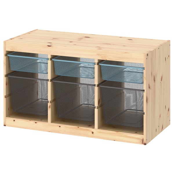 TROFAST storage combination with boxes, light white stained pine grey-blue/dark grey, 93x44x52 cm