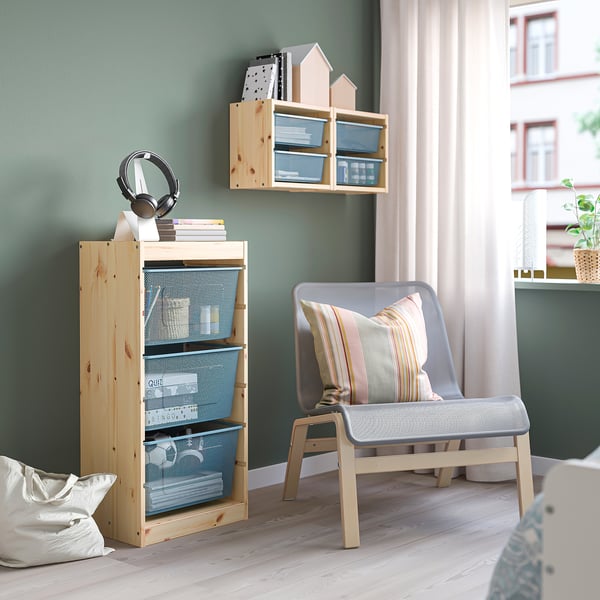 TROFAST storage combination with boxes, light white stained pine/grey-blue, 44x30x91 cm