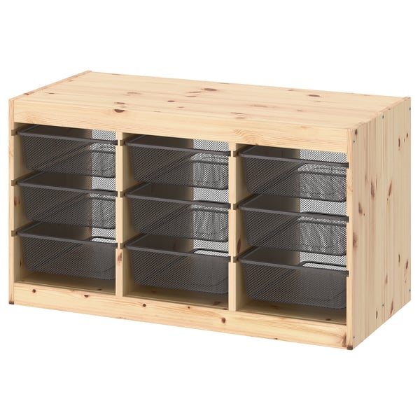 TROFAST storage combination with boxes, light white stained pine/dark grey, 93x44x52 cm