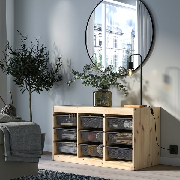 TROFAST storage combination with boxes, light white stained pine/dark grey, 93x44x52 cm