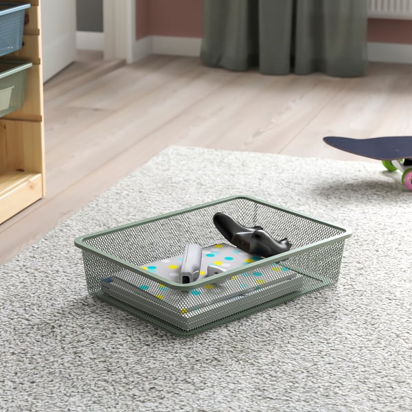 TROFAST storage combination with boxes, light white stained pine green-grey/grey-blue, 44x30x91 cm
