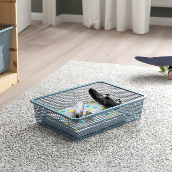 TROFAST storage combination with boxes, light white stained pine green-grey/grey-blue, 44x30x91 cm