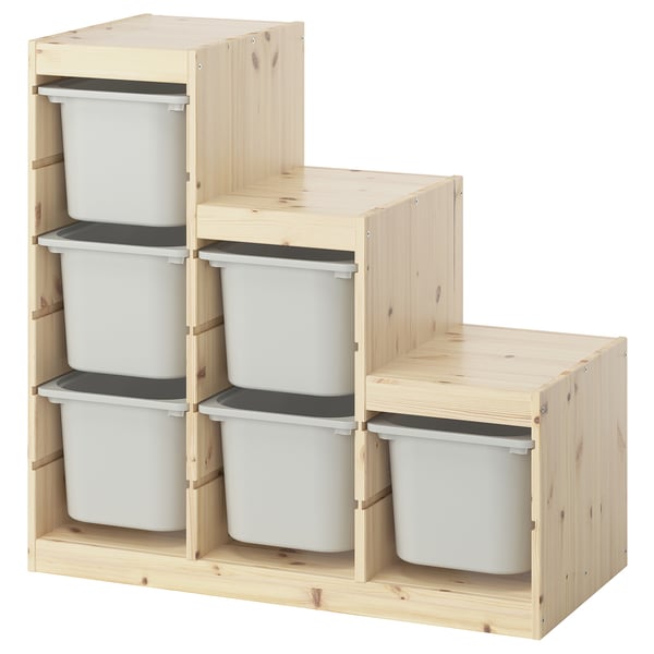 TROFAST storage combination with boxes, light white stained pine/grey, 94x44x91 cm
