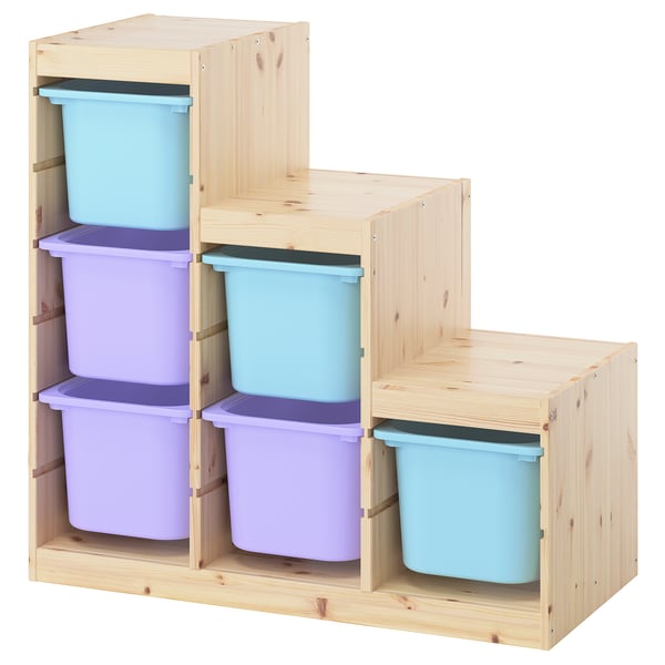 TROFAST storage combination with boxes, light white stained pine lilac/light blue, 94x44x91 cm