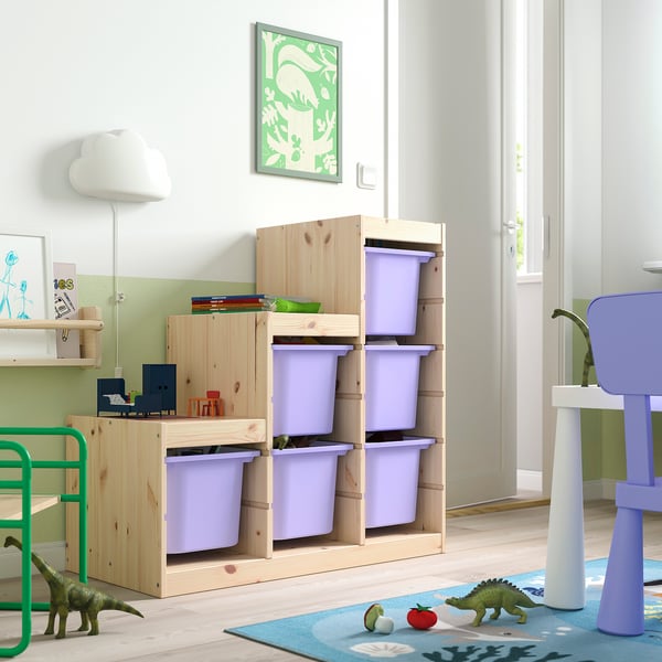 TROFAST storage combination with boxes, light white stained pine/lilac, 94x44x91 cm