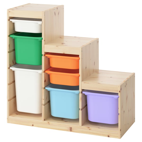 TROFAST storage combination with boxes, light white stained pine/multicolour, 99x44x91 cm