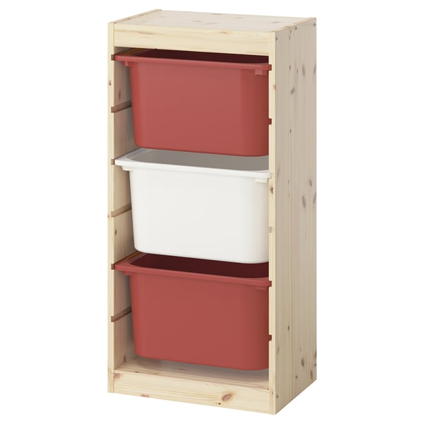 TROFAST storage combination with boxes, light white stained pine/red white, 44x30x91 cm