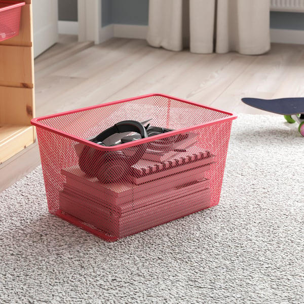 TROFAST storage combination with boxes, light white stained pine/light red, 93x44x52 cm