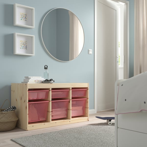 TROFAST storage combination with boxes, light white stained pine/light red, 93x44x52 cm