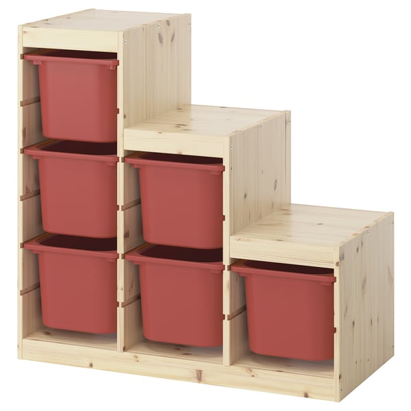 TROFAST storage combination with boxes, light white stained pine/red, 94x44x91 cm