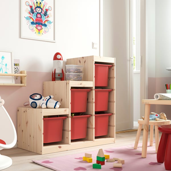 TROFAST storage combination with boxes, light white stained pine/red, 94x44x91 cm