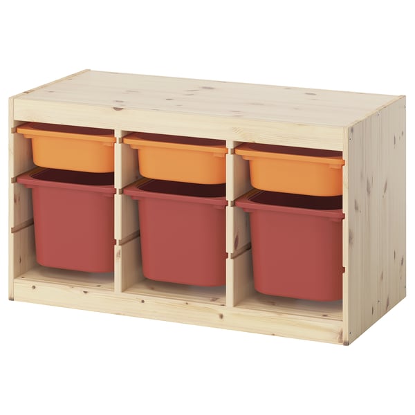 TROFAST storage combination with boxes, light white stained pine light orange/red, 93x44x52 cm