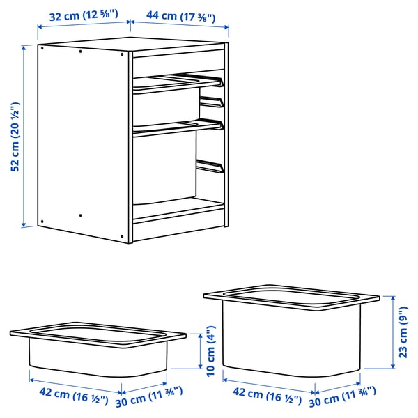 TROFAST storage combination with boxes, light white stained pine light orange/bright green, 32x44x52 cm