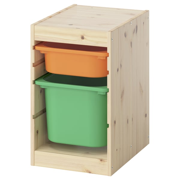 TROFAST storage combination with boxes, light white stained pine light orange/bright green, 32x44x52 cm